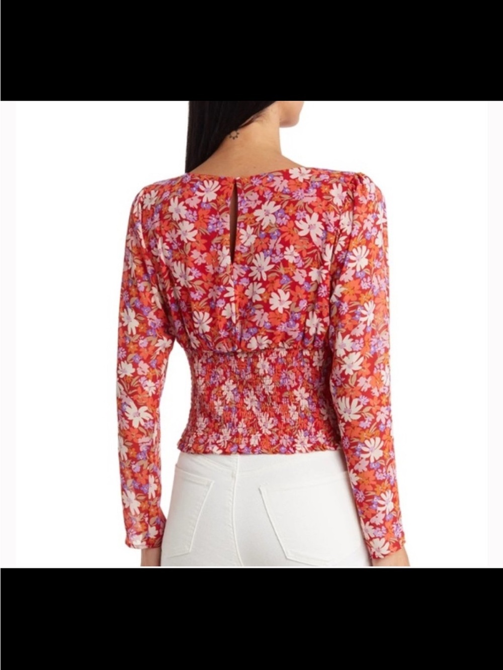 Lush Coral Floral Smocked-Waist Long Sleeve Top